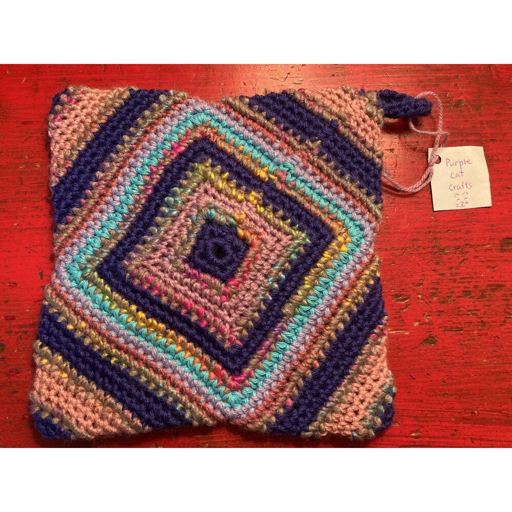 PURPLE CAT CRAFTS Handmade Crocheted Trivet Potholder Geometric Square Hot Pad